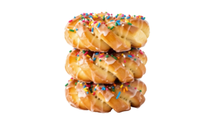 Isolated stack of three iced and sprinkled doughnuts, bakery item, sweet food and treat
