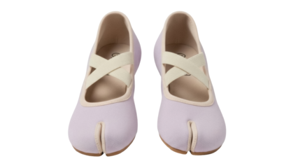 Isolated light purple Tabi shoes with beige straps for women, split toe, indoor fashion footwear