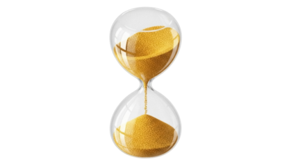 Isolated hourglass filled with yellow sand, time running out, concept, close up view
