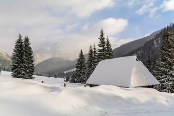 Fototapeta premium Small Mountain Cabin In Snow With Trees And Mountains Forest Landscape, Peaceful Winter Nature Travel Scene For Christmas Card, Holiday Card, Winter Break