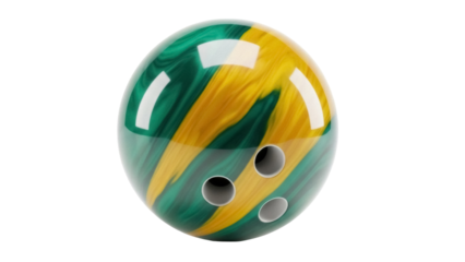Isolated bowling ball with green and gold swirls, three finger holes, ready for a strike