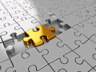 Stunning golden puzzle piece perfectly fitting into the final spot among many gray components signifying success