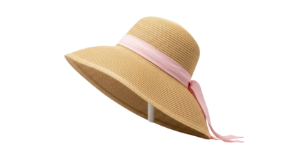 Isolated summer straw boater hat with light pink ribbon, beach fashion accessory, summer gear