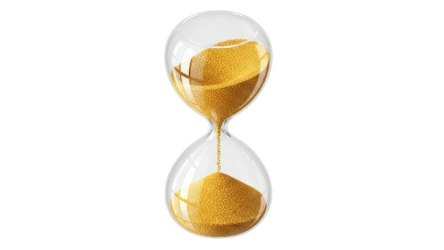 Isolated hourglass filled with yellow sand, time running out, concept, close up view