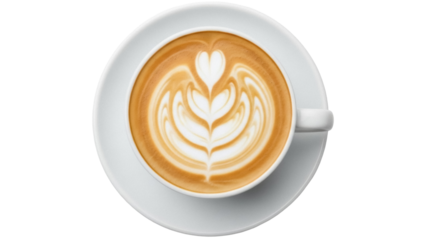 Isolated coffee with latte art in cup, breakfast beverage top view. Caffeine drink flat lay