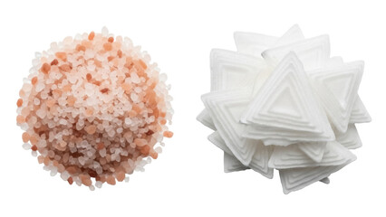 Isolated assortment of natural bath additives Himalayan pink salt and bath tea pyramids