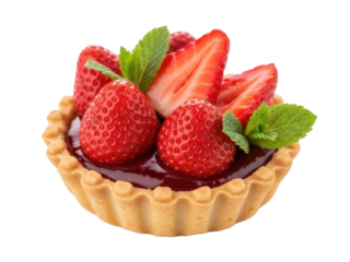 Isolated strawberry tart with filling inside, garnished with fresh mint leaves, sweet desert treat