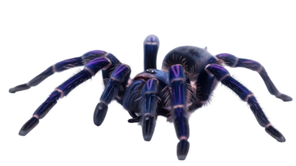 Isolated Gooty Sapphire Ornamental Tarantula, vibrant hairy spider with purple leg stripes