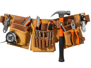 Isolated Leather tool belt with work tools, hammer, drill bits, tape measure, and pliers.