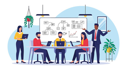 Illustration of six professionals in modern meeting room with laptops, tablets, and whiteboard charts, symbolizing teamwork, data analysis, and strategic planning in a corporate environment