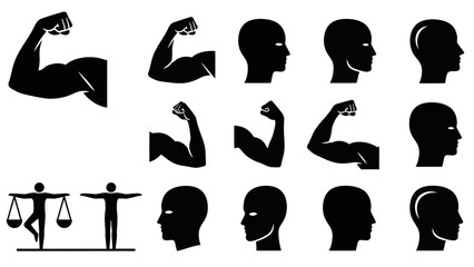 Black silhouette illustrations of arms heads and figures for various concepts