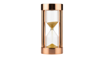Isolated Hourglass with copper frame, sand trickling down, indicating time passing swiftly