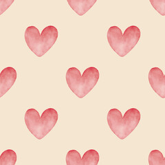 Seamless pattern with watercolor hearts. Beige background with red hearts. Cute print for textiles, paper, packaging. Fabric, vector graphics