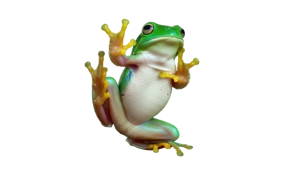 Isolated Green Tree Frog clinging to surface, close-up view of amphibian with adhesive toe pads