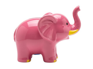 Isolated pink elephant piggy bank with yellow tusks, a ceramic animal for saving money