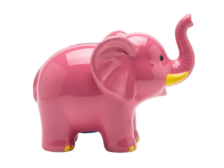 Isolated pink elephant piggy bank with yellow tusks, a ceramic animal for saving money