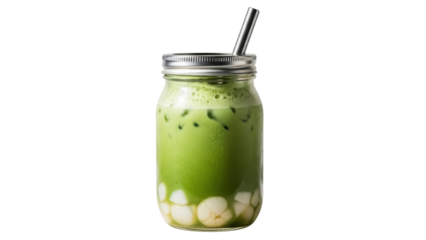 Isolated matcha latte with boba balls in a glass jar and a metal straw, a trendy refreshment