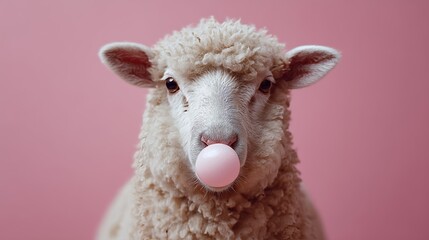 Obraz premium A playful sheep humorously blows pink bubblegum against a pastel pink background, creating a fun and whimsical scene.