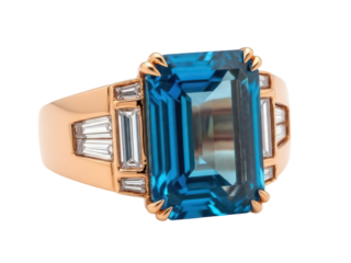 Isolated aquamarine gemstone ring in gold setting for jewelry design or luxury item projects