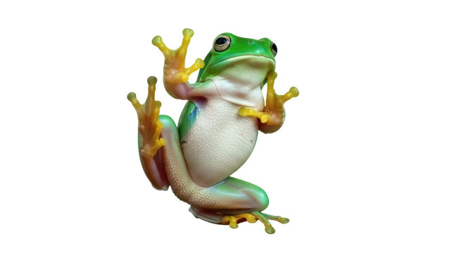 Isolated Green Tree Frog clinging to surface, close-up view of amphibian with adhesive toe pads