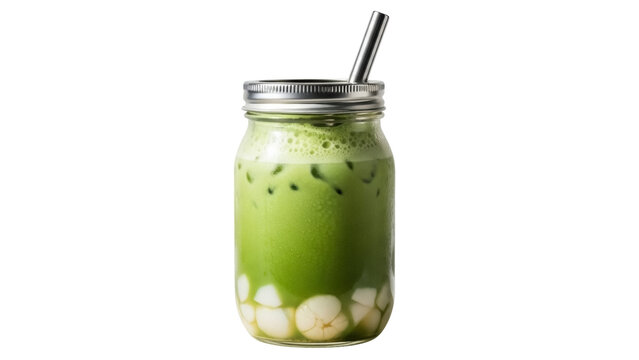 Isolated matcha latte with boba balls in a glass jar and a metal straw, a trendy refreshment