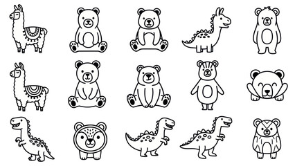 Obraz premium Cartoon animal characters collection in various poses black and white vector set