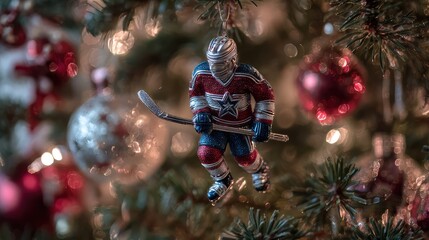 A Vibrant Holiday Ornament Depicting a Hockey Player in Action, Elegantly Hanging Among Christmas Decorations with a Festive Background of Bokeh Lights