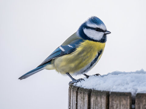 Vibrant blue tit bird perched bravely on a snow covered wooden post against a bright winter sky - Powered by Adobe