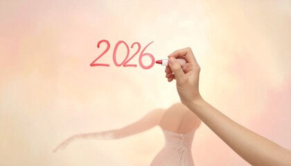 Blonde figure gazing forward—hand extended, red numbers “206” and “2026” float in pastel haze—symbolizing identity, time, and the surreal rhythm of memory, presence, and symbolic projection.