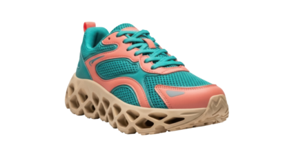 Isolated teal and peach colored athletic running shoe with tan platform sole viewed at an angle