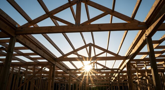 Sunlight streaming through the wooden trusses of a new house under construction.
