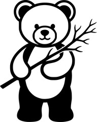 Obraz premium Adorable teddy bear outline holding a twig for kids' coloring activities 