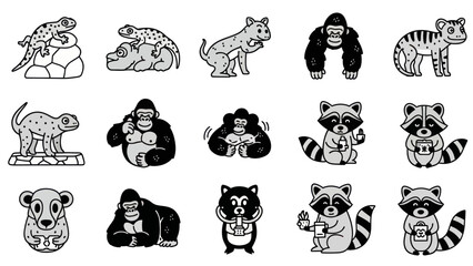Cartoon animal collection illustrations in black and white style for design © sopoyo