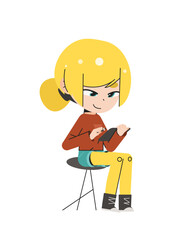 Art School Girl Character Smiling While Drawing on Her Digital Tablet, Cute Vector Illustration for Study, Creativity and Modern Educational Projects