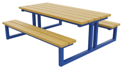 Isolated picnic table set, blue metal legs, brown surface, outside furniture for family time