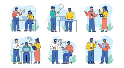 Naklejka premium Illustration of six workplace scenes showing pairs of professionals collaborating, presenting, and discussing tasks with laptops, tablets, and clipboards in a modern office environment