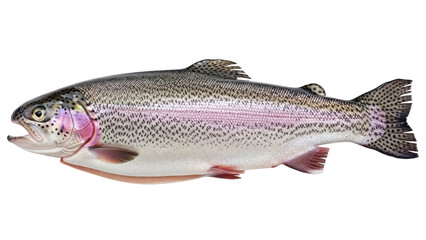 Isolated Rainbow Trout Full Body, Fresh Catch With Pink Stripe On Gray Scales, Single Fish Side View