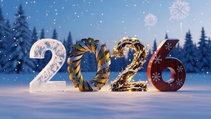Luxury 3D "HAPPY NEW YEAR 2026" Typography Crafted from Shimmering Gold and Silver Glitter with Vibrant Multi-Colored Fireworks Bursting in a Starry Midnight Sky and Festive Confetti