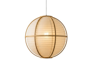 Isolated round modern decorative hanging lamp with a wooden frame and light paper material
