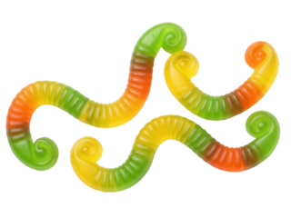 Isolated colorful gummy worm candy on seamless surface for sale as snack with various flavors