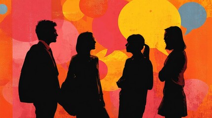 Silhouettes of Diverse Individuals Engaging in Conversation Against a Vibrant Background with Colorful Speech Bubbles Symbolizing Communication and Collaboration