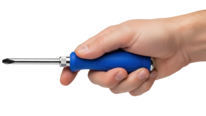 Isolated hand holding a blue handled flat-head screwdriver used for turning screws