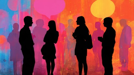 Silhouetted Figures Engaged in Conversation Against a Vibrant Colorful Background with Abstract Speech Bubbles Illustrating Social Interaction and Communication Theme
