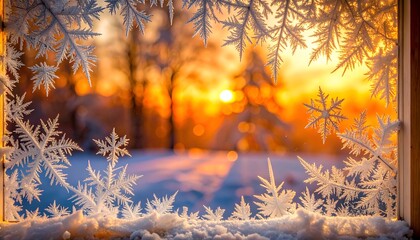 Frosted Window with Winter Sunrise Glow