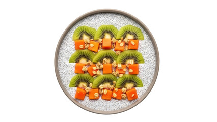 Isolated chia seed pudding with fresh kiwi fruit, papaya cubes and crunchy granola topping