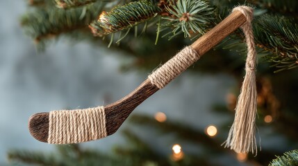 Rustic Handcrafted Wooden Ornament with Twine Detail Hanging on Christmas Tree Branch Surrounded by Softly Glowing Fairy Lights for Holiday Decor