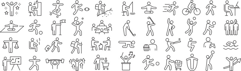 ベクターでモノクロのアクティブな人に関する線画アイコンセット
