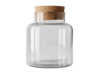 Isolated glass storage container with cork lid for food or home goods, front view