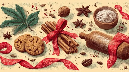 Festive Baking Ingredients with Rolling Pin, Cookies, and Spices Decorated with Red Ribbons for Holiday Culinary Inspiration and Creativity