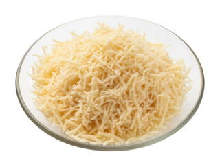 Isolated mound of grated cheese on a clear plate ready for cooking recipes and food prep